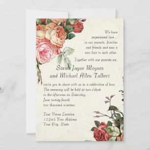 English Rose Bouquet, Vintage n Modern Swirl Leaf Invitation