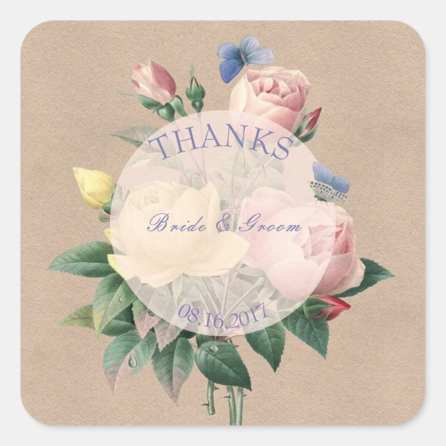 English Rose Butterfly Garden Wedding Thanks Square Sticker (Front)