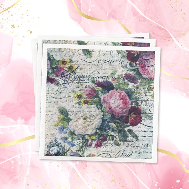 English Rose Florals Ephemeral Writings Decoupage Napkin (Creator Uploaded)