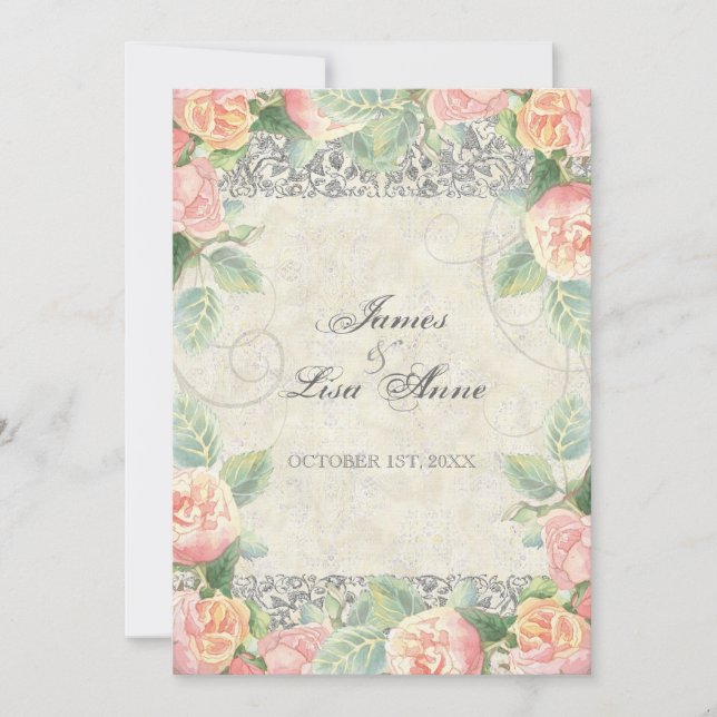 English Rose, Peach & Silver Wedding Invitation (Front)