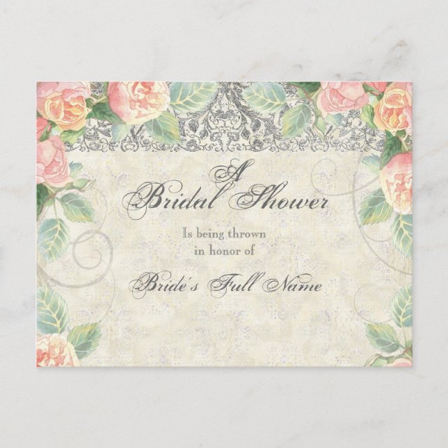 English Rose & Silver Bridal Shower Invitation Postcard (Front)