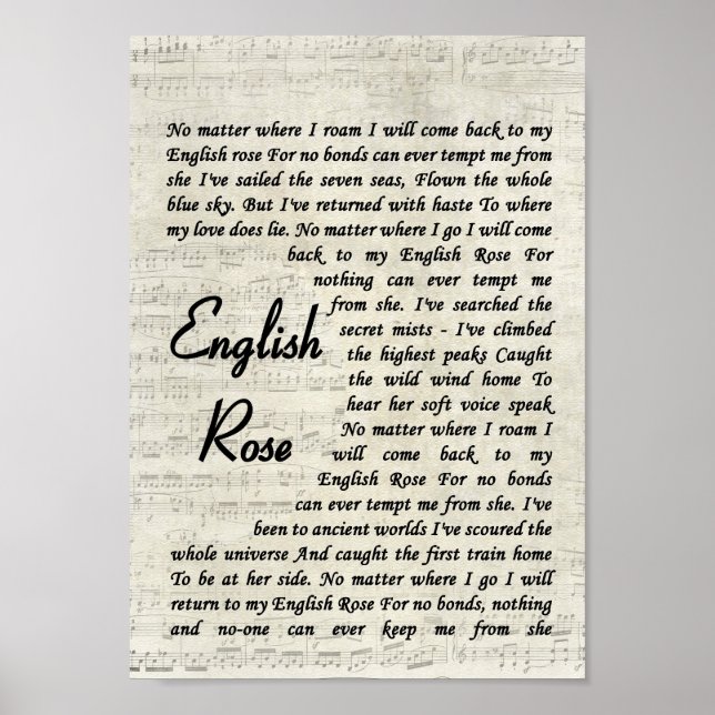 English Rose Song Lyric Vintage Script Print (Front)