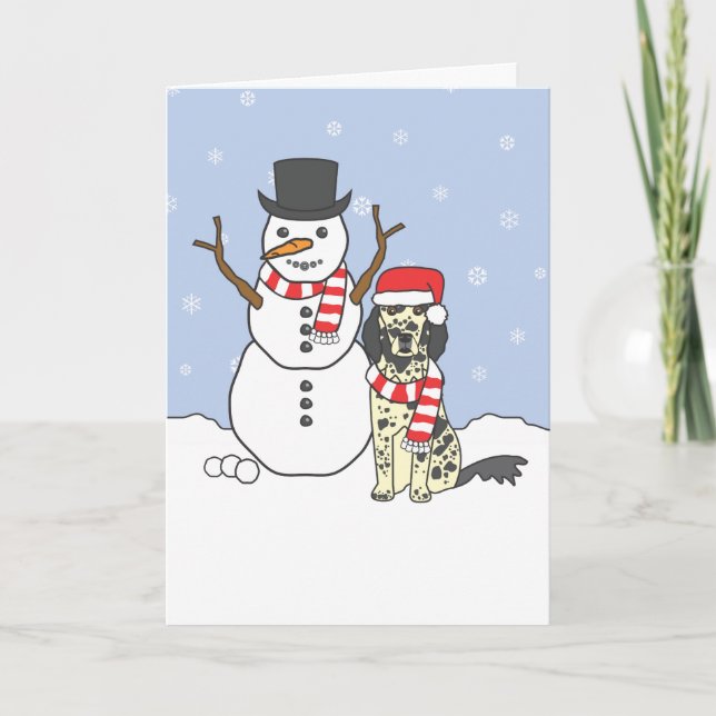 English Setter and Snowman Holiday Card (Front)