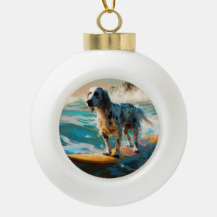 English Setter Beach Surfing Painting Ceramic Ball Christmas Ornament