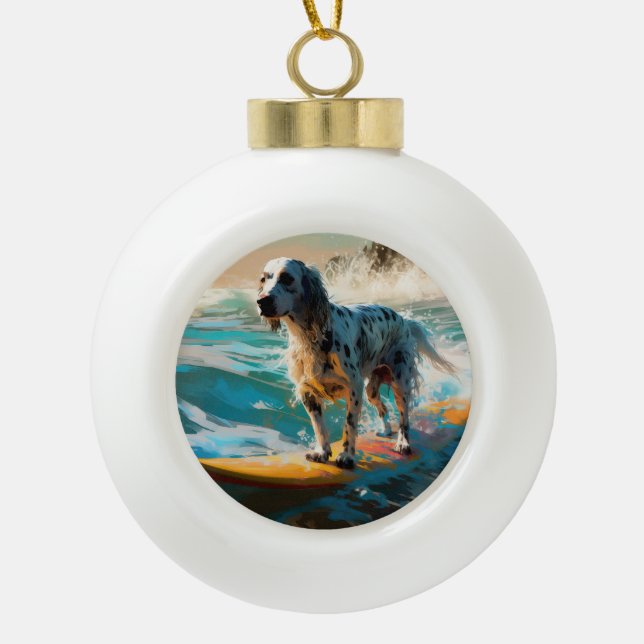 English Setter Beach Surfing Painting Ceramic Ball Christmas Ornament (Front)