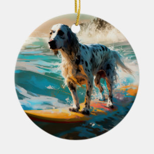 English Setter Beach Surfing Painting Ceramic Ornament