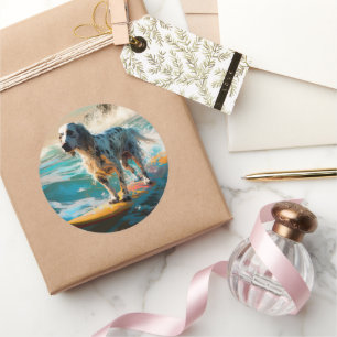 English Setter Beach Surfing Painting Classic Round Sticker