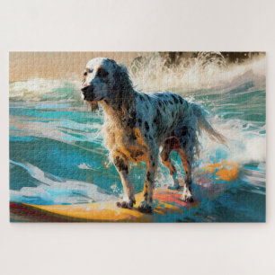 English Setter Beach Surfing Painting Jigsaw Puzzle