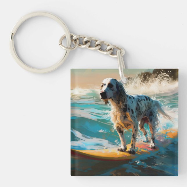 English Setter Beach Surfing Painting Key Ring (Front)