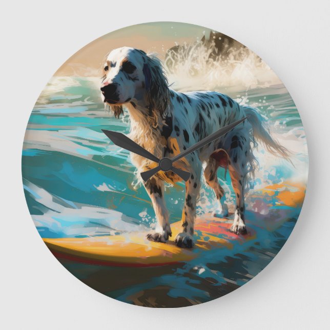 English Setter Beach Surfing Painting Large Clock (Front)