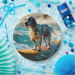 English Setter Beach Surfing Painting Paper Plate