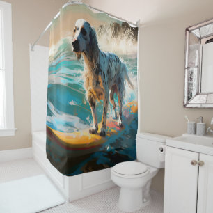 English Setter Beach Surfing Painting Shower Curtain