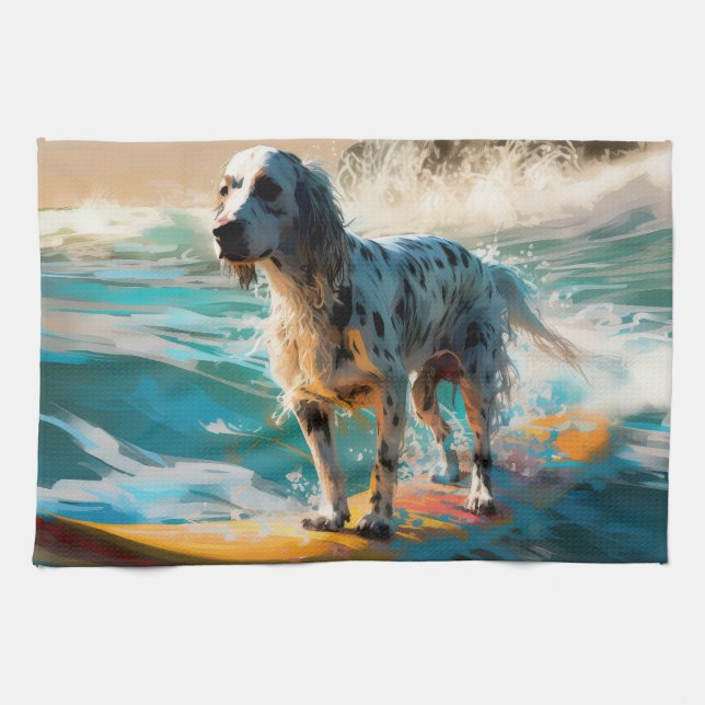 English Setter Beach Surfing Painting Tea Towel (Horizontal)