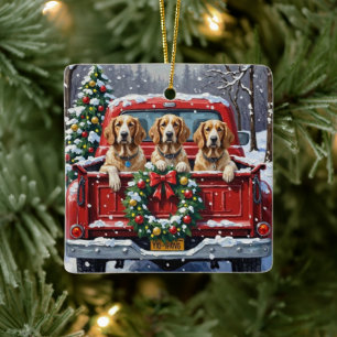 English Setter Christmas Red Truck Holiday Ceramic Ornament