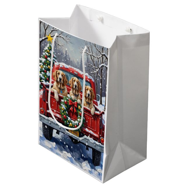 English Setter Christmas Red Truck Holiday Medium Gift Bag (Front Angled)