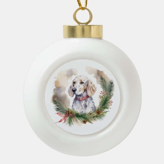 English Setter Christmas Wreath Festive Pup Ceramic Ball Christmas Ornament (Front)