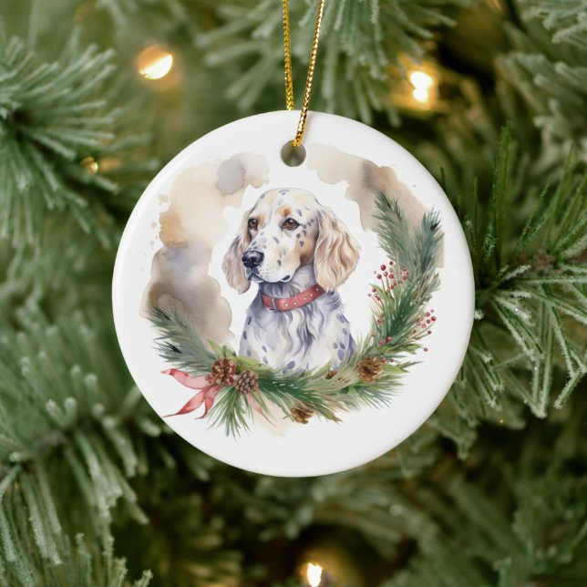 English Setter Christmas Wreath Festive Pup Ceramic Ornament (Tree)