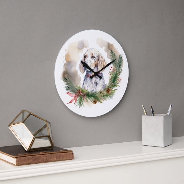 English Setter Christmas Wreath Festive Pup Large Clock (Office)