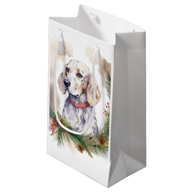 English Setter Christmas Wreath Festive Pup Small Gift Bag (Front Angled)