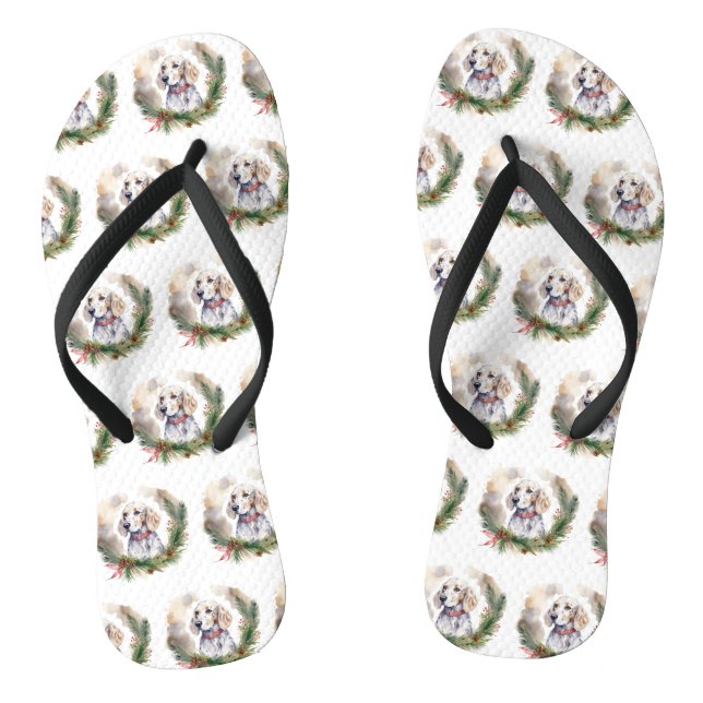 English Setter Christmas Wreath Festive Pup Thongs (Footbed)