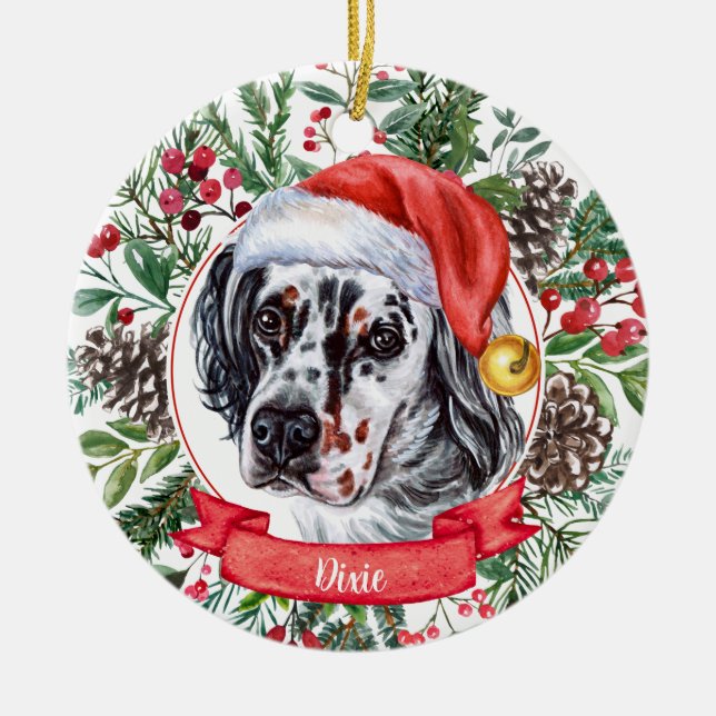 English Setter Custom Santa Dog Christmas Ornament (Front)