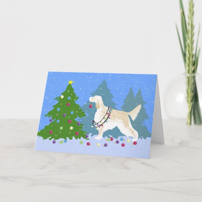 English Setter Decorating Tree in the Forest Holiday Card (Front)