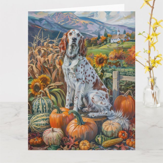 English Setter Dog Autumn Harvest Thanksgiving Card (Yellow Flower)