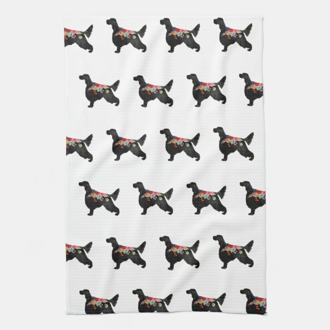 English Setter Dog Breed Bohemian Floral Silhouett Tea Towel (Vertical)