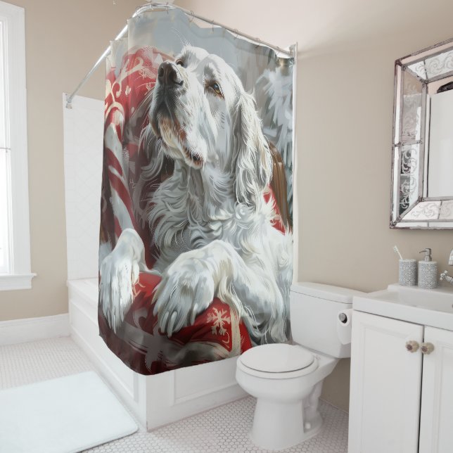 English Setter Dog Christmas Festive Shower Curtain (In Situ)