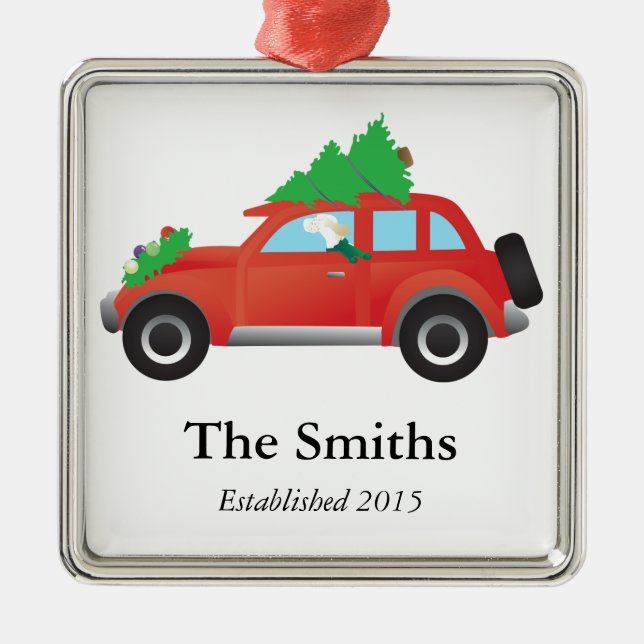 English Setter Dog Driving car w/ Christmas tree Metal Ornament (Front)