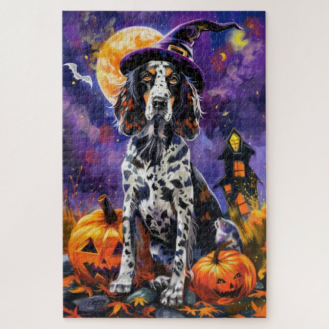 English Setter Dog Halloween Witch And Pumpkin Jigsaw Puzzle (Vertical)