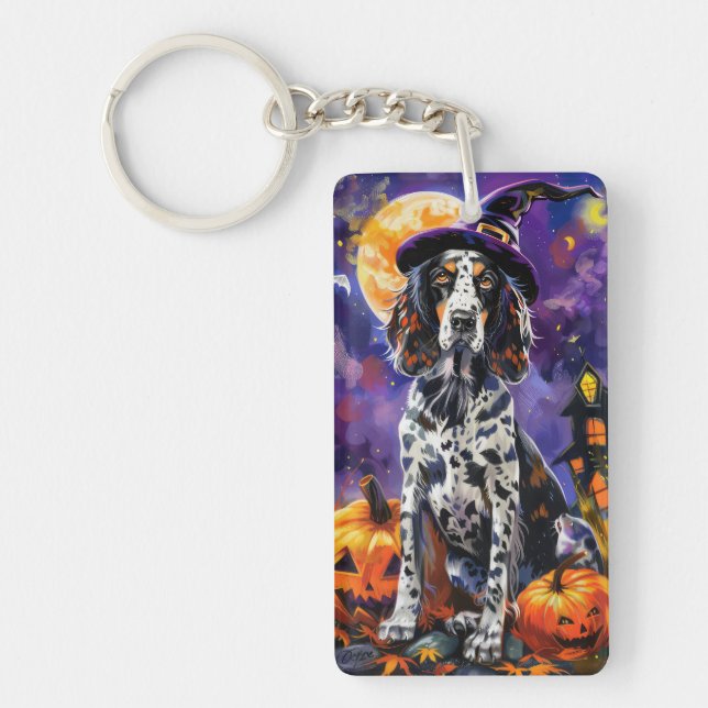 English Setter Dog Halloween Witch And Pumpkin Key Ring (Front)