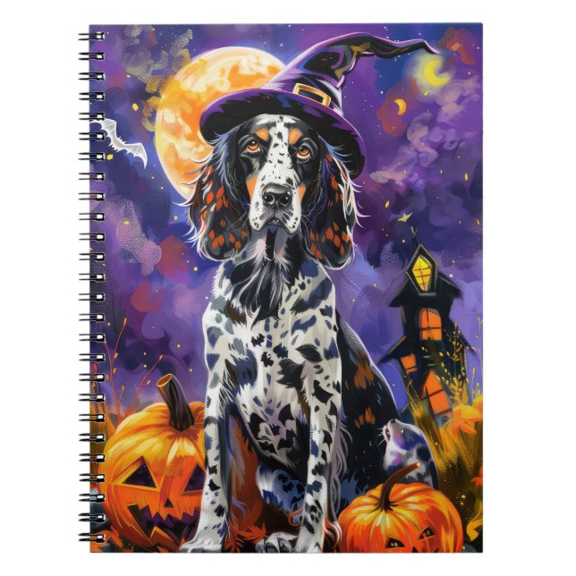 English Setter Dog Halloween Witch And Pumpkin Notebook (Front)