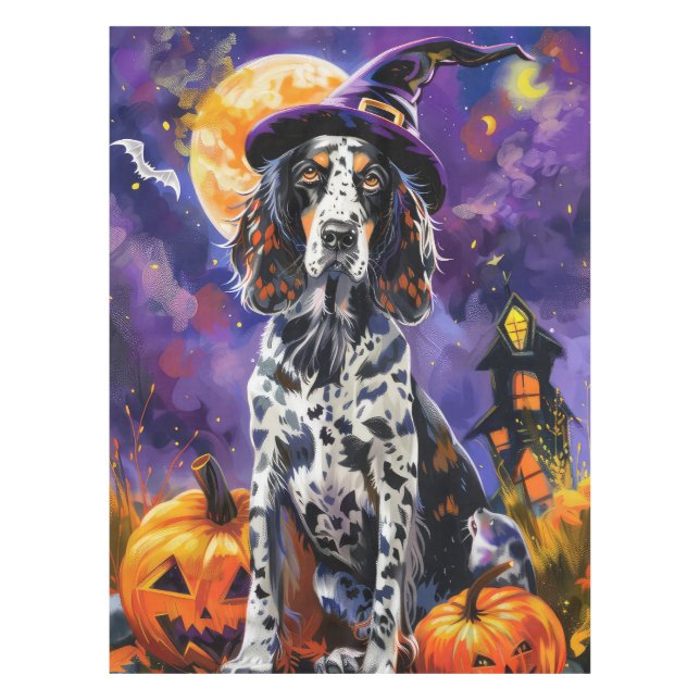 English Setter Dog Halloween Witch And Pumpkin Tablecloth (Front)