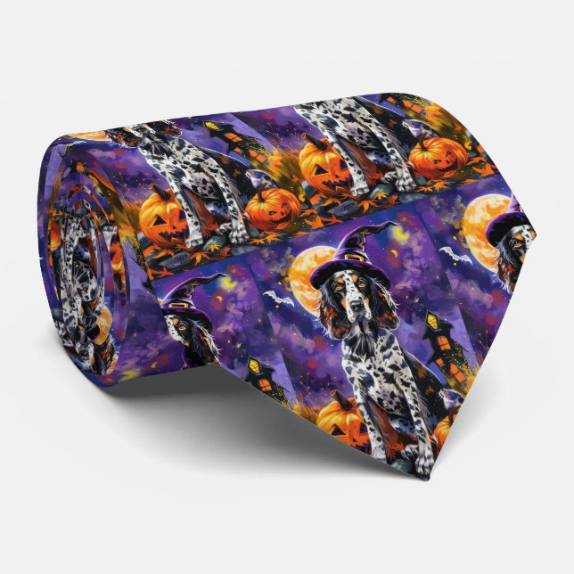 English Setter Dog Halloween Witch And Pumpkin Tie (Rolled)