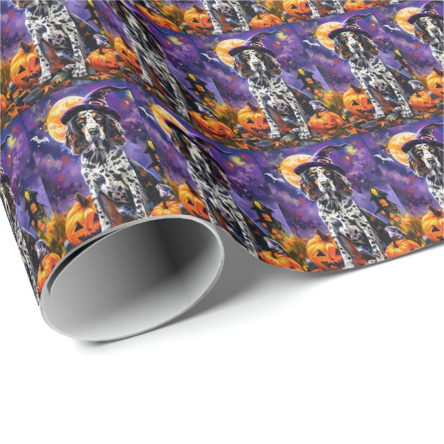 English Setter Dog Halloween Witch And Pumpkin Wrapping Paper (Roll Corner)