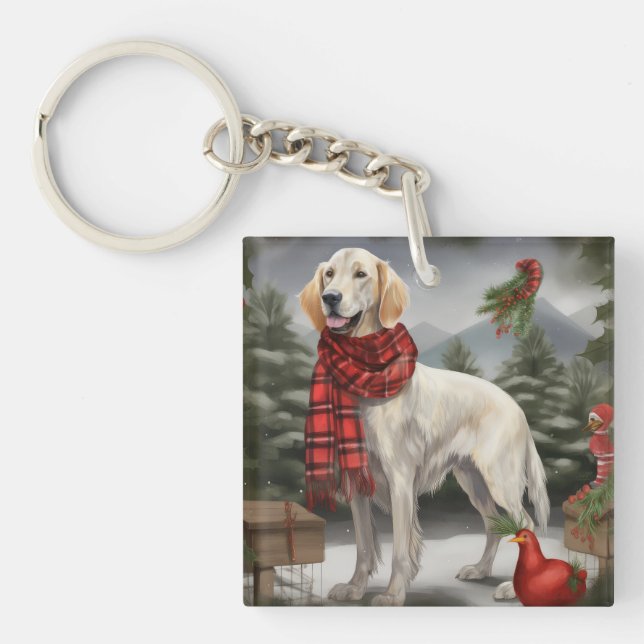 English Setter Dog in Snow Christmas Key Ring (Front)