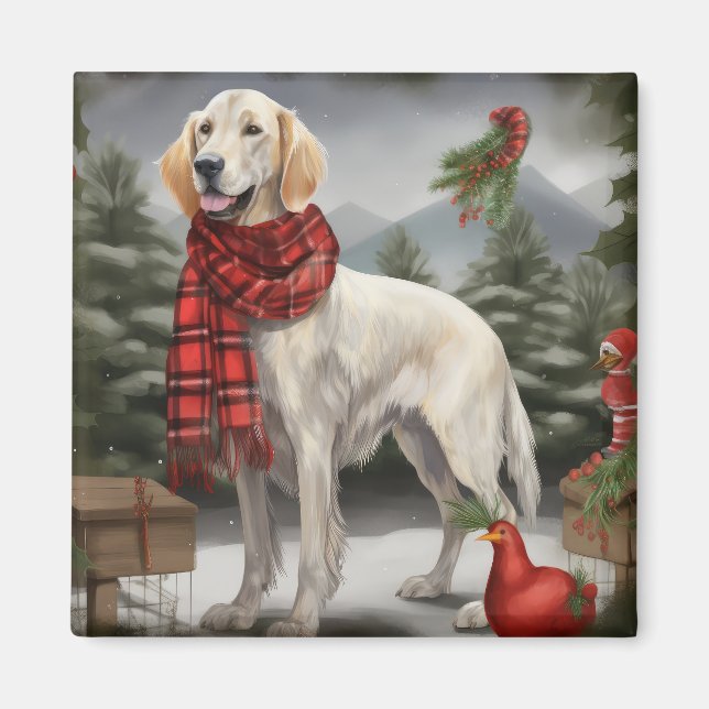 English Setter Dog in Snow Christmas Magnet (Front)