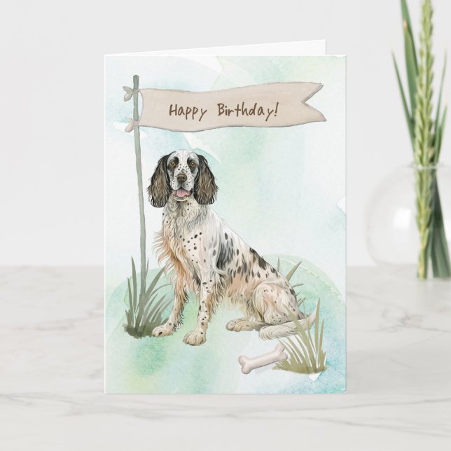 English Setter Dog Outdoors Under Birthday Sign Card (Front)