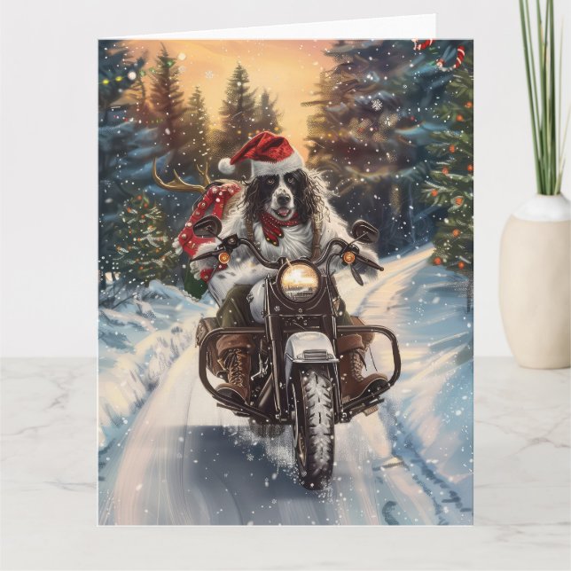 English Setter Dog Riding Motorcycle Christmas Card (Front)