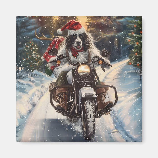 English Setter Dog Riding Motorcycle Christmas Magnet (Front)
