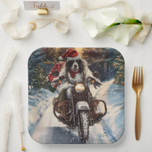 English Setter Dog Riding Motorcycle Christmas Paper Plate