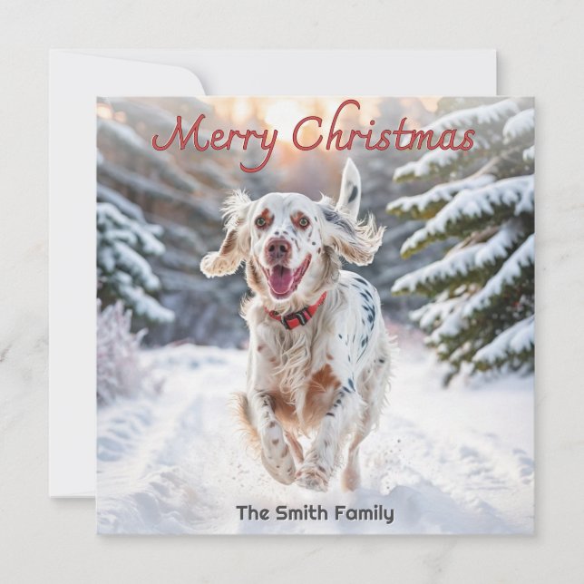 English Setter Dog Snow Watercolor Merry Christmas Holiday Card (Front)