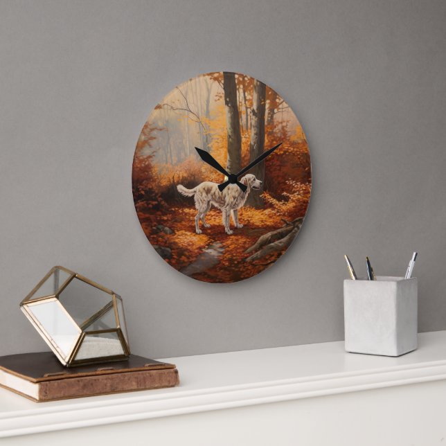 English Setter in Autumn Leaves Fall Inspire Large Clock (Office)
