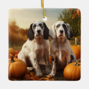 English Setter Puppy Autumn Delight Pumpkin Ceramic Ornament