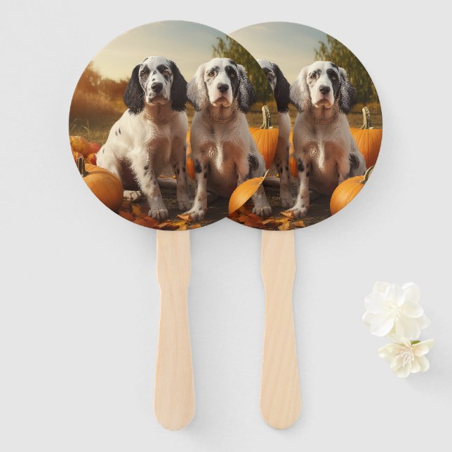 English Setter Puppy Autumn Delight Pumpkin  Hand Fan (Front and Back)