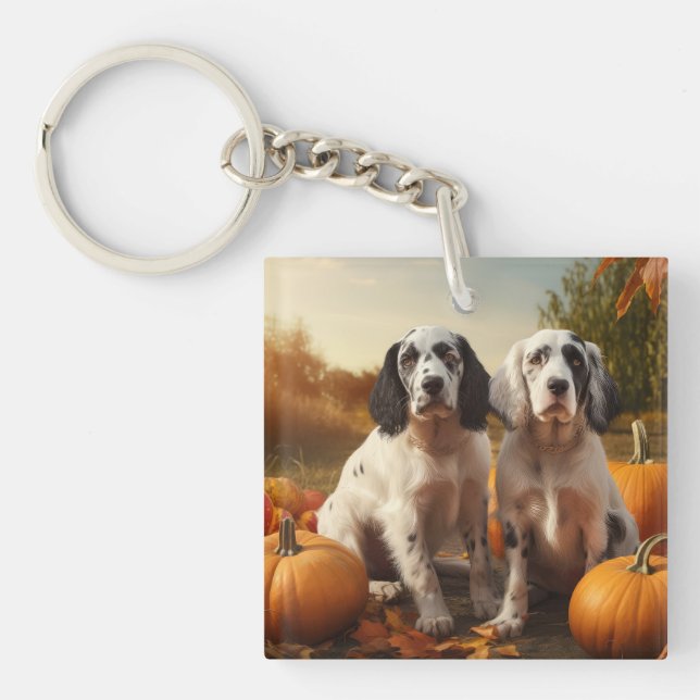 English Setter Puppy Autumn Delight Pumpkin  Key Ring (Front)