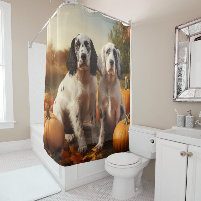 English Setter Puppy Autumn Delight Pumpkin  Shower Curtain (In Situ)