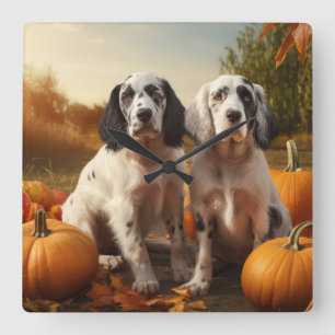 English Setter Puppy Autumn Delight Pumpkin  Square Wall Clock