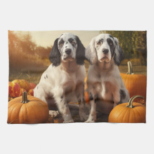 English Setter Puppy Autumn Delight Pumpkin  Tea Towel